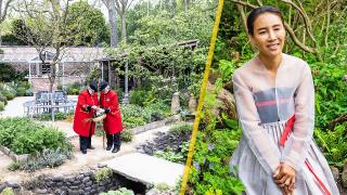 Chelsea pensioners enjoyed a kitchen garden at the show. Jihae Hwang, in traditional Korean dress, right, took part in a medicinal tea ceremony, in her A Letter From a Million Years Past garden