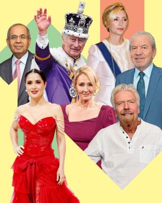 From left: Salma Hayek, Gopi Hinduja, King Charles, JK Rowling, Crown Princess Marie Chantal of Greece, Richard Branson and Lord Sugar