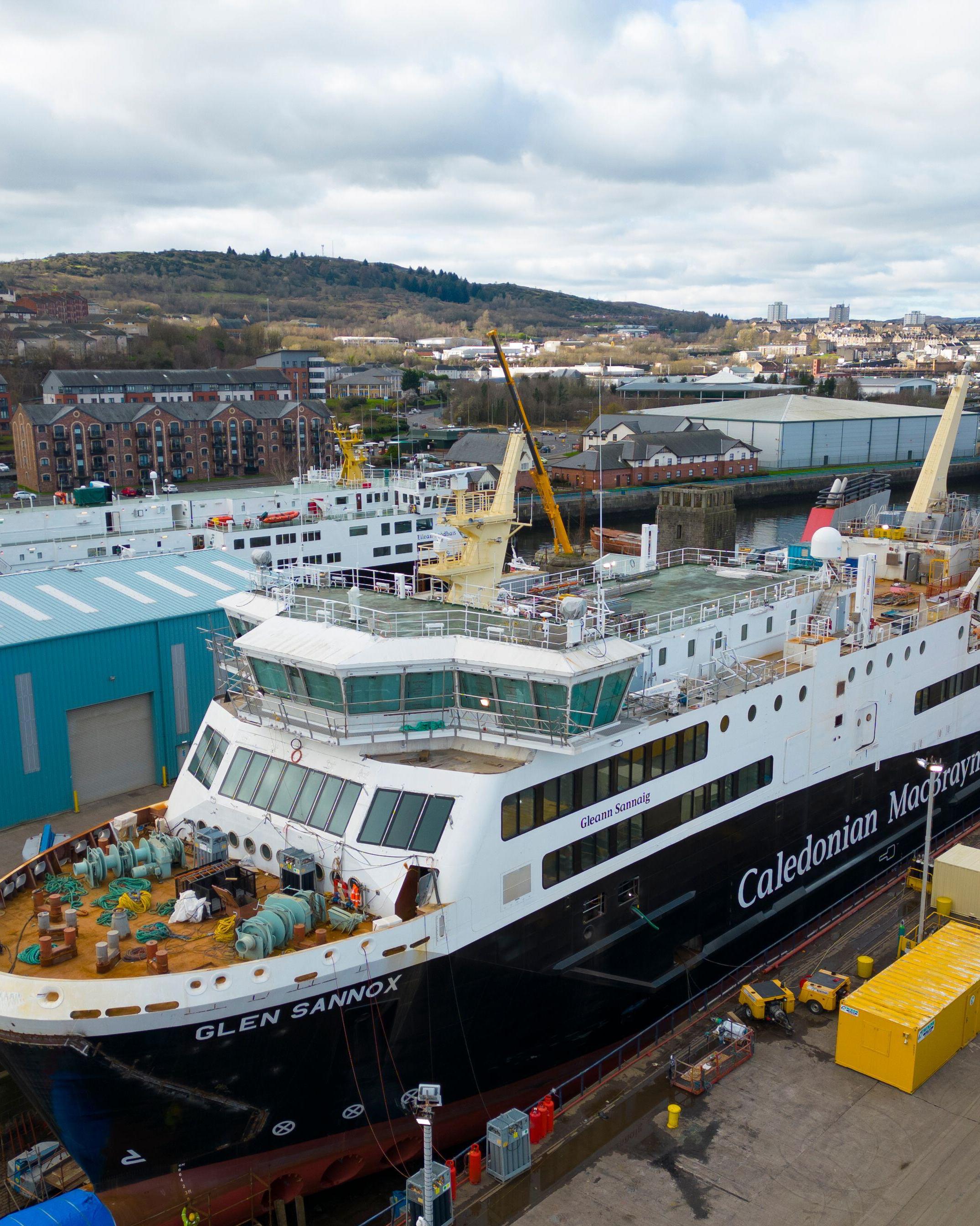 Glen Sannox, a dual fuel ferry, is under construction in Greenock where three other CalMac ferries — Isle of Lewis, Caledonian Isles and Loch Fyne — are in for repairs and maintenance